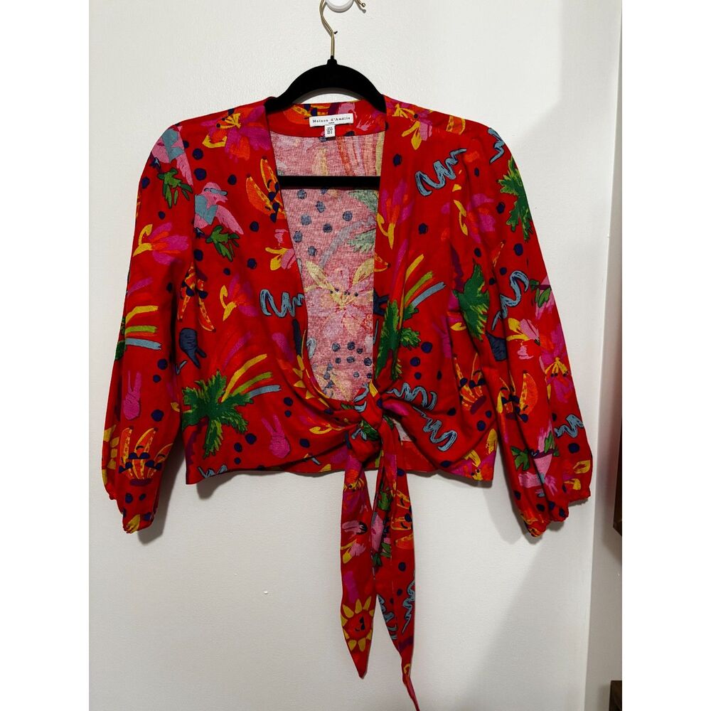 Red Linen Blend Blouse Womens S Abstract Floral Tie Front Cropped Wrap Artsy